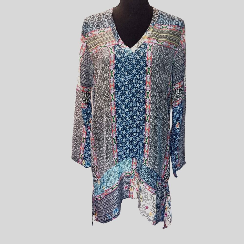 Johnny Was Women Bohemian Patchwork Tunic Floral/Geometric Designs Sheer Size XS